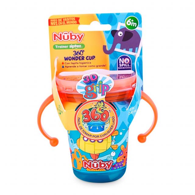 Vaso para Bebé Impreso 3D c/agarrador 240ml Para 6m+ Azul Naranja Nuby