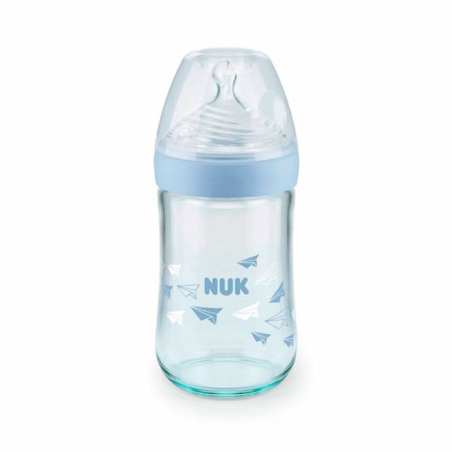 NUK Biberón de Vidrio Nature Sense Aviones Celeste 240ML/8oz