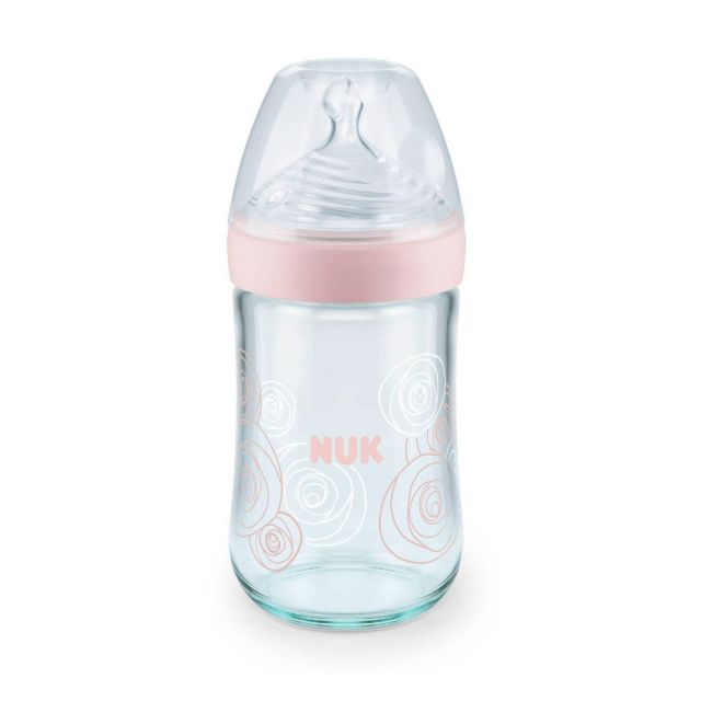 NUK- Biberón de Vidrio Nature Sense Rosa Líneas 0-6M 240ML/8oz