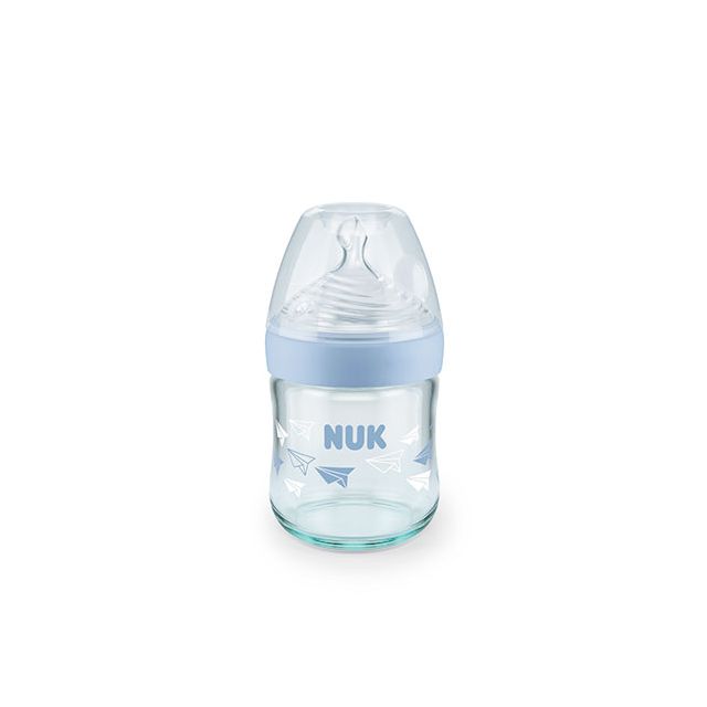 NUK - Biberón de Vidrio Nature Sense 120ML/4oz Aviones Celeste