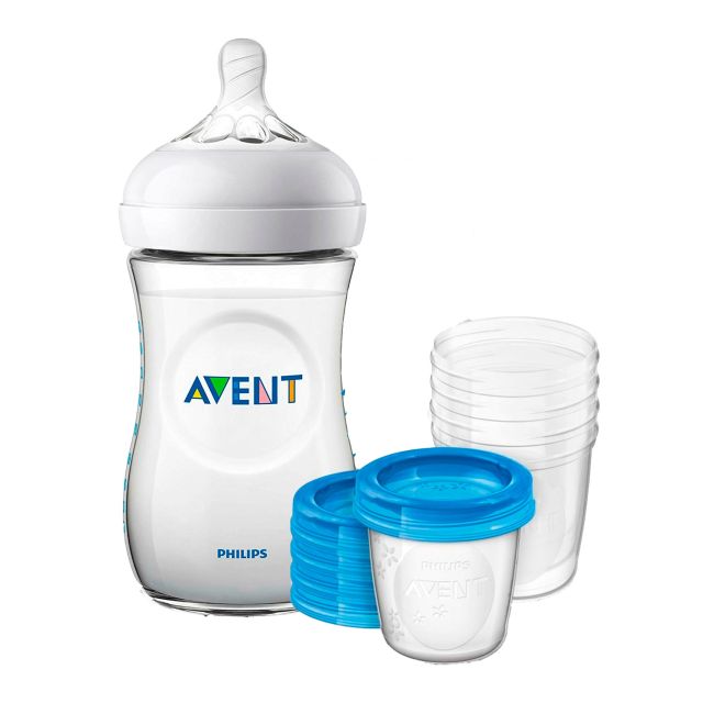 Philips Avent - Combo Biberon Natural 2.0 de Vidrio + Recipiente Leche 180 ML x 5PCS