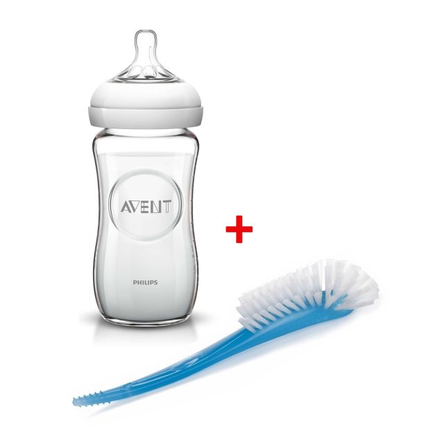 Combo Biberón Nat. Vidrio 240ml+Escobilla Limpieza - Philips Avent 