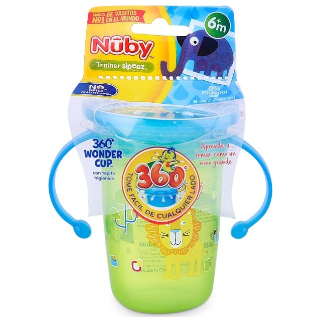 Vaso de Transición 360º c/tapa Pp Con Asas 240ml Para 6m+ Verde Nuby