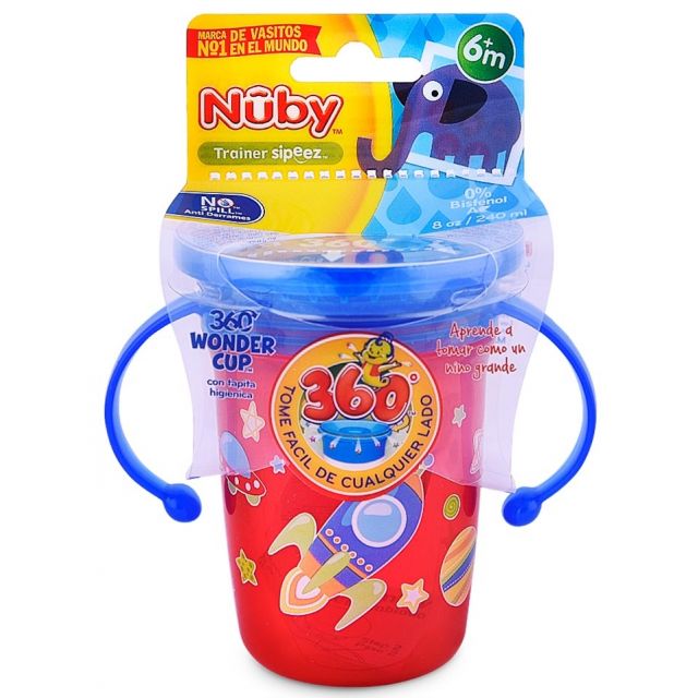 Vaso de Transición 360º c/tapa Pp Con Asas 240ml Para 6m+ Rojo Nuby