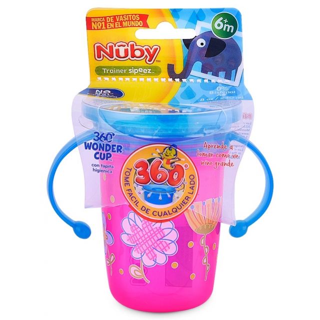 Vaso de Transición 360º c/tapa Pp Con Asas 240ml Para 6m+ Rosado Nuby