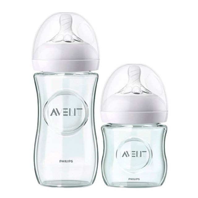 Pack 2 Biberones de Vidrio para Bebés Natural 2.0 1M+ 8oz/240ml + 4oz/120ml 0M+ Avent