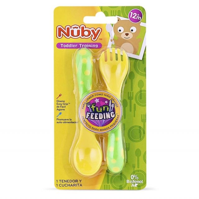 Tenedor Y Cuchara para Bebé Verde con Amarillo Nuby