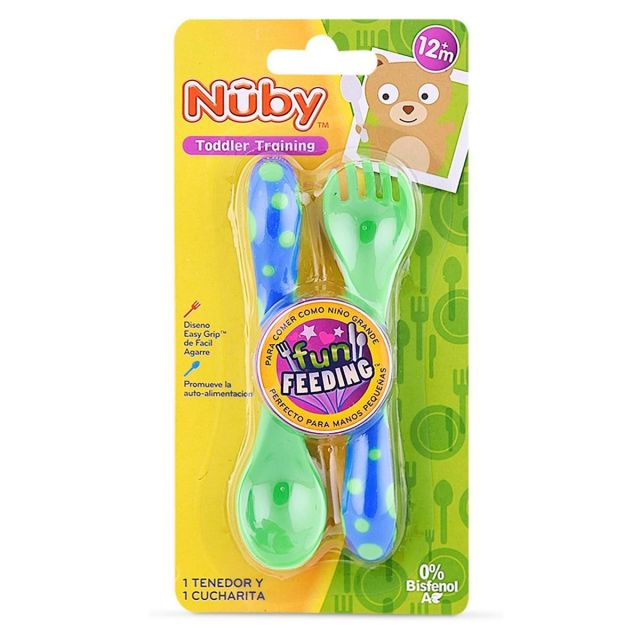 Tenedor Y Cuchara para Bebé Azul con Verde Nuby