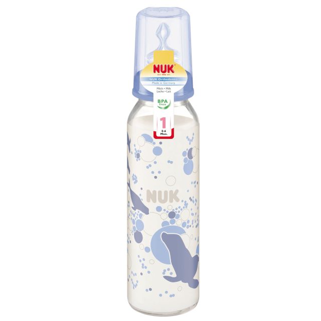 NUK - Biberón Vidrio Pyrex 8 oz para bebés de 0-6meses Focas Celeste