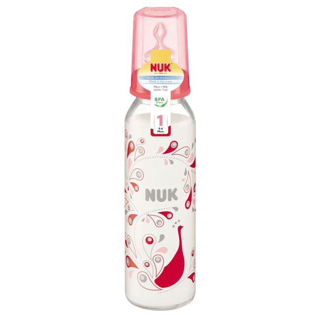 NUK - Biberón Vidrio Pyrex para Bebés 8oz Pavo Real Rojo